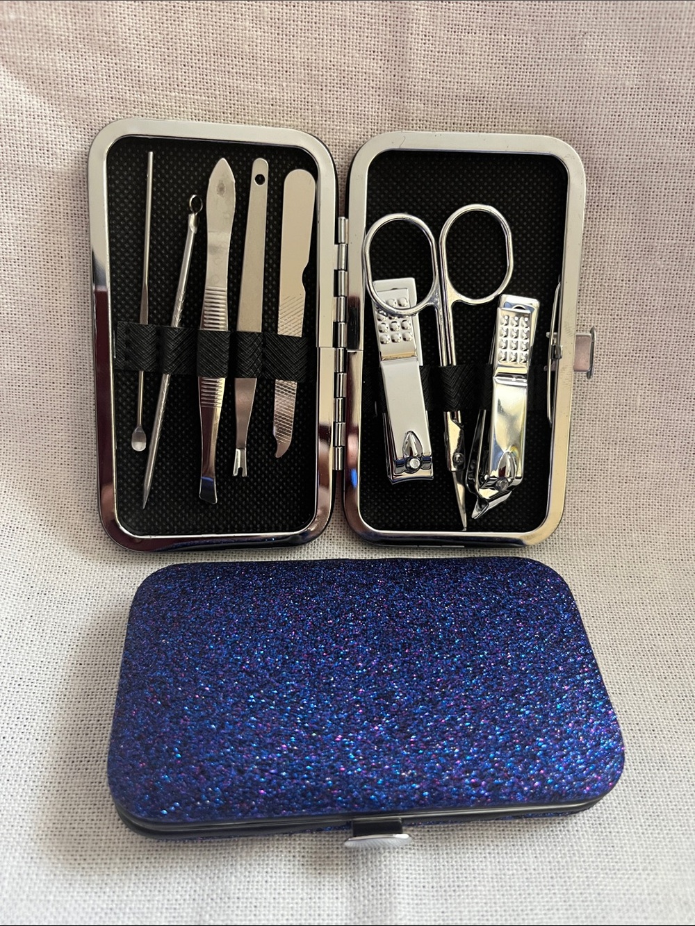 Blue Nail & Grooming Kit with Blue Glitter Case - Compact Manicure Set